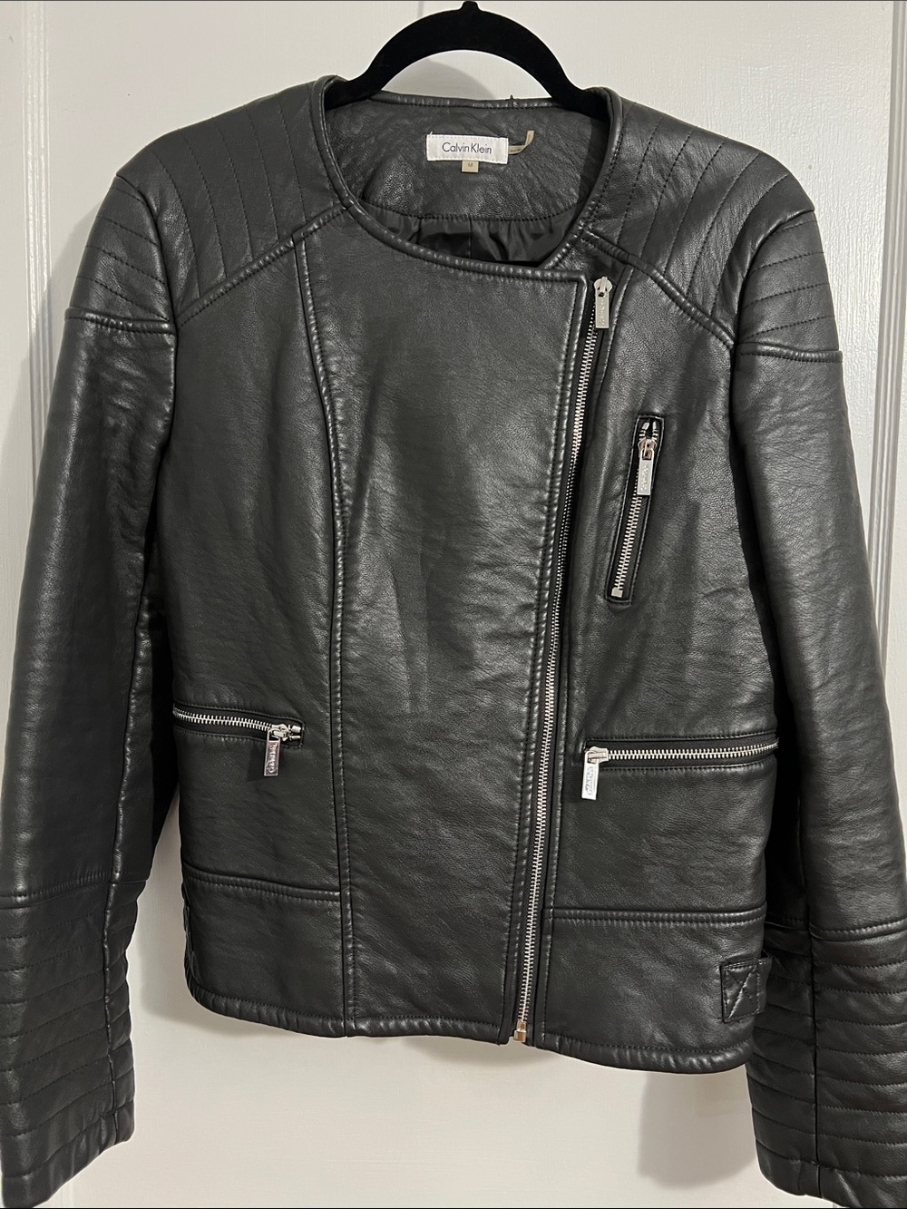 Calvin Klein Gray Quilted Faux Leather Moto Jacket